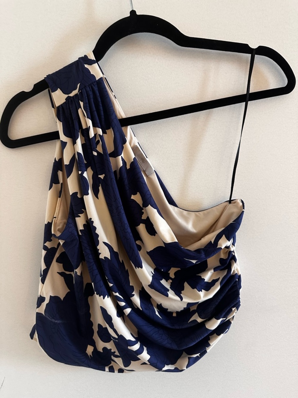 H&M Navy and Cream One-Shoulder Draped Top